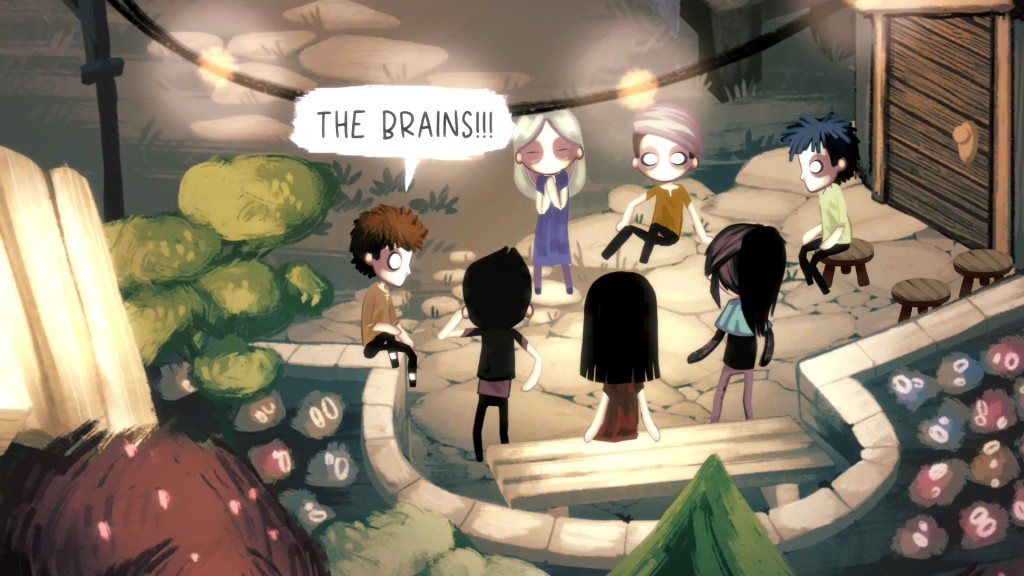 The main kid cast of Children of Silentown sitting/standing in a circle and talking in a cutscene.